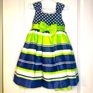 Beautiful lime green and blue dress, polka dots on top and stripes on bottom, 4T
